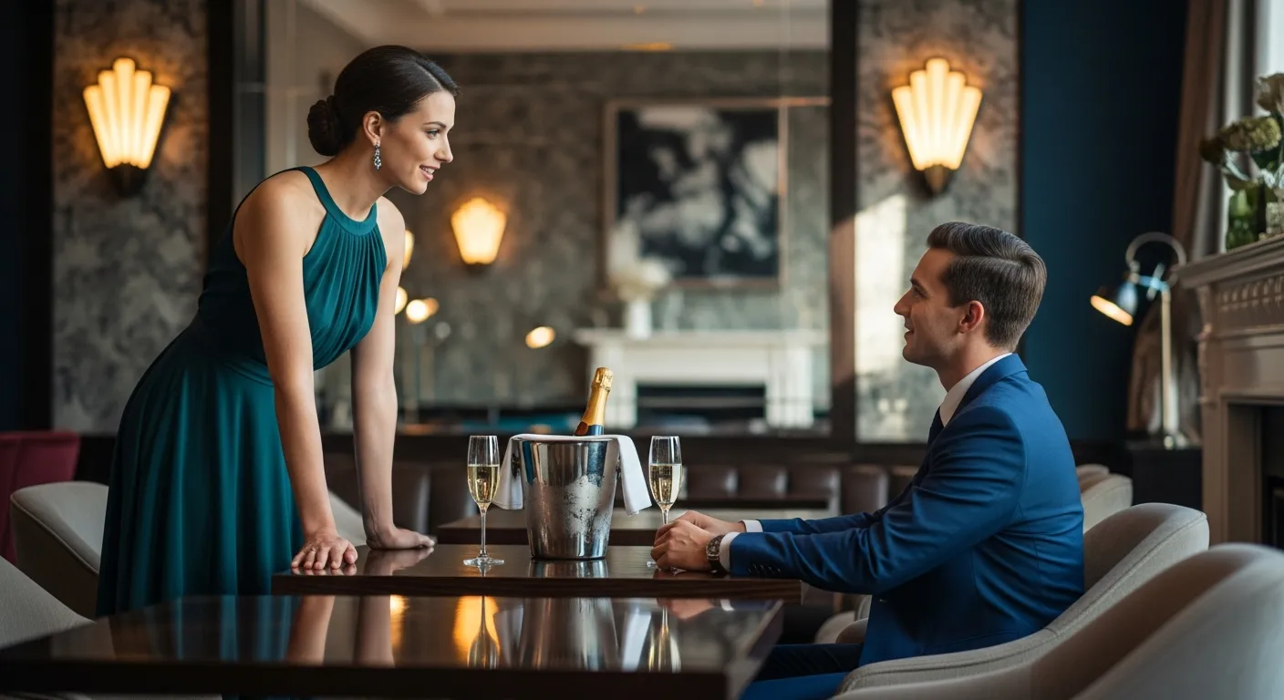 エレガントなドレスを着たホステスがお客様と会話をしている接客シーン