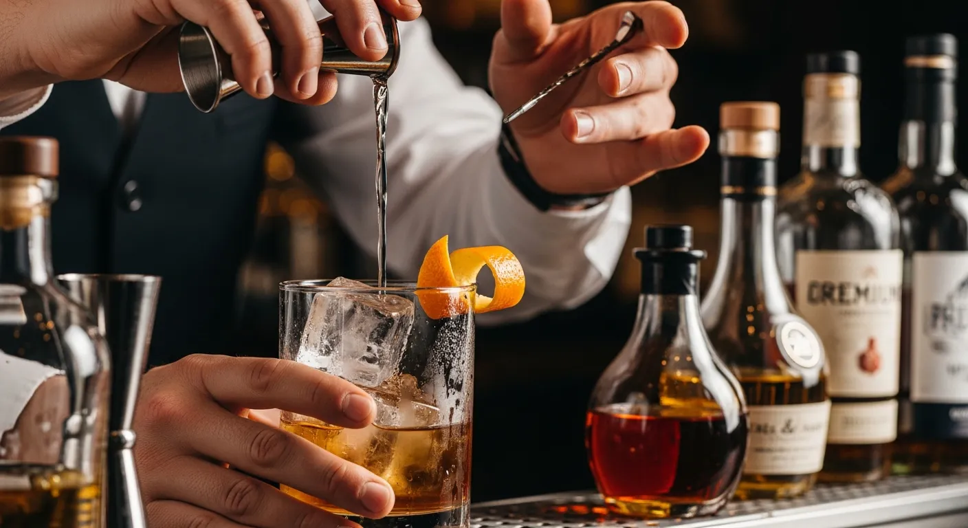 プレミアムスピリッツを使ってカクテルを作るバーテンダーの手元