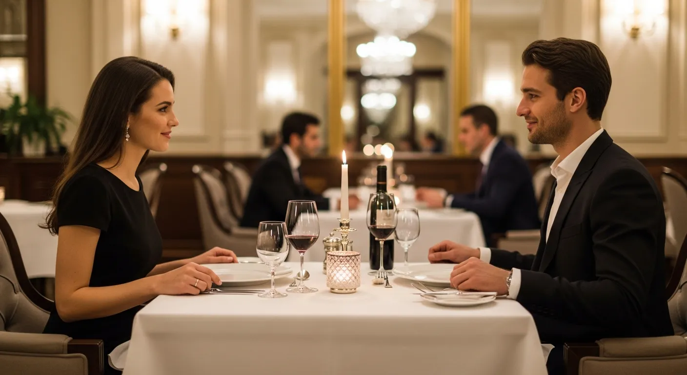高級レストランでキャンドルライトのテーブルで食事をする男女