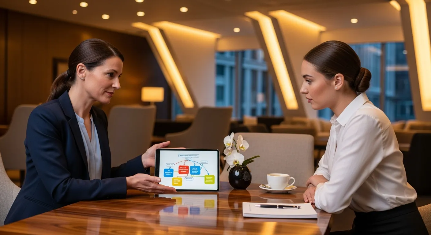 ラウンジでの接客研修を受ける新人スタッフ