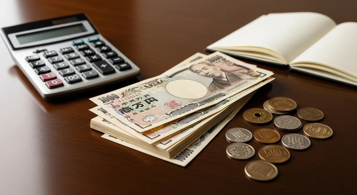 時給計算を表す日本円の紙幣と電卓