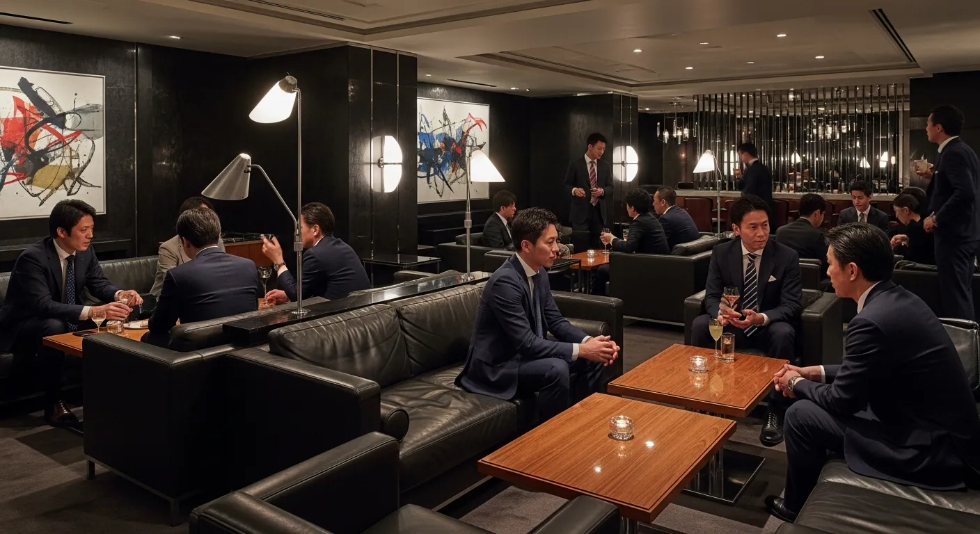 六本木の高級ラウンジで談笑するスーツ姿のビジネスマンたち