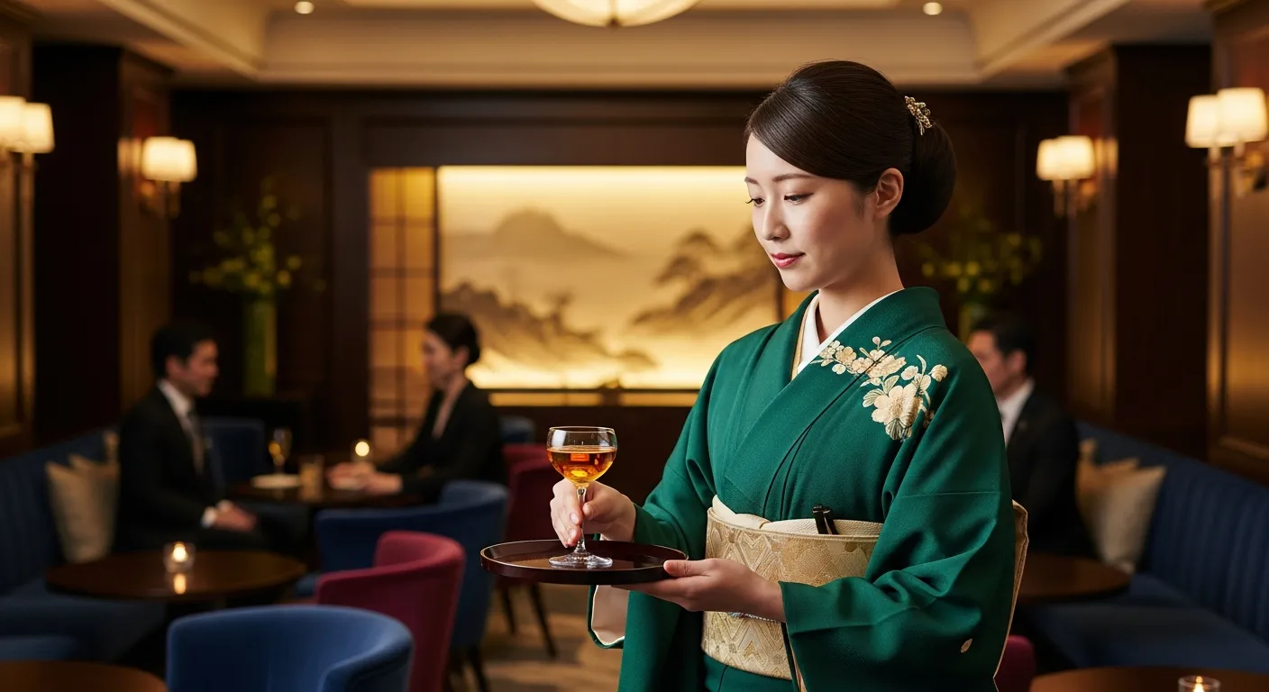 正しい姿勢で丁寧にお酒をサービスするラウンジの女性スタッフ