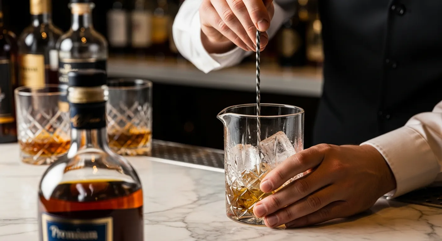 プロの技術でウイスキーカクテルを調製する手元の様子